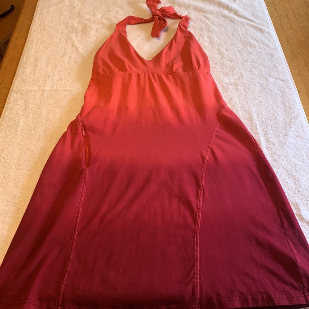 Athleta coral orange to plum burgundy ombre halter dress